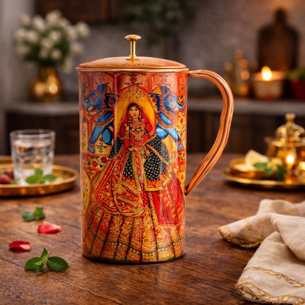 Pure copper printed jug padharo mhare desh design royalqueen, 2000 ML